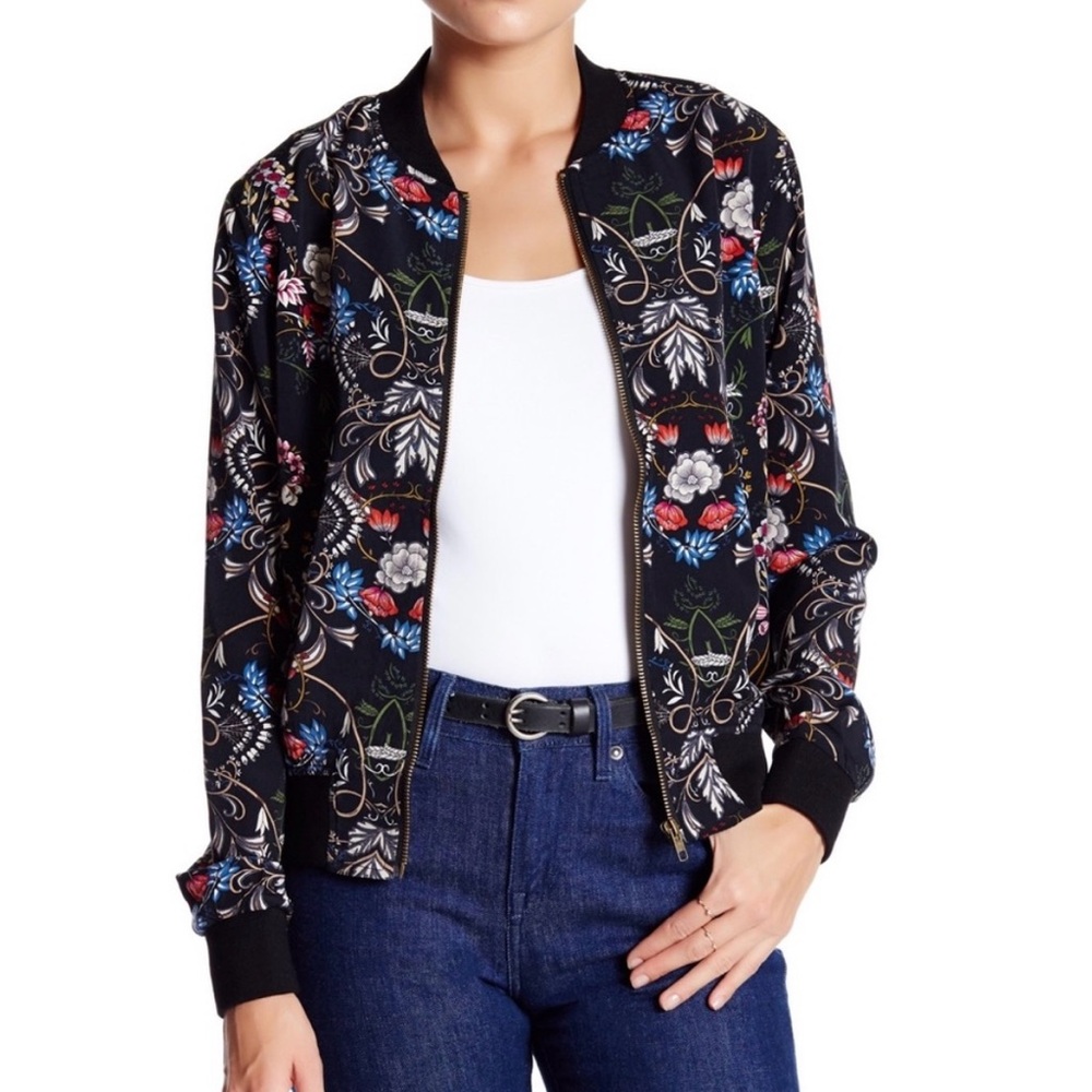 PINK OWL Black Floral Bomber Jacket  Zip Front Women's Size Medium